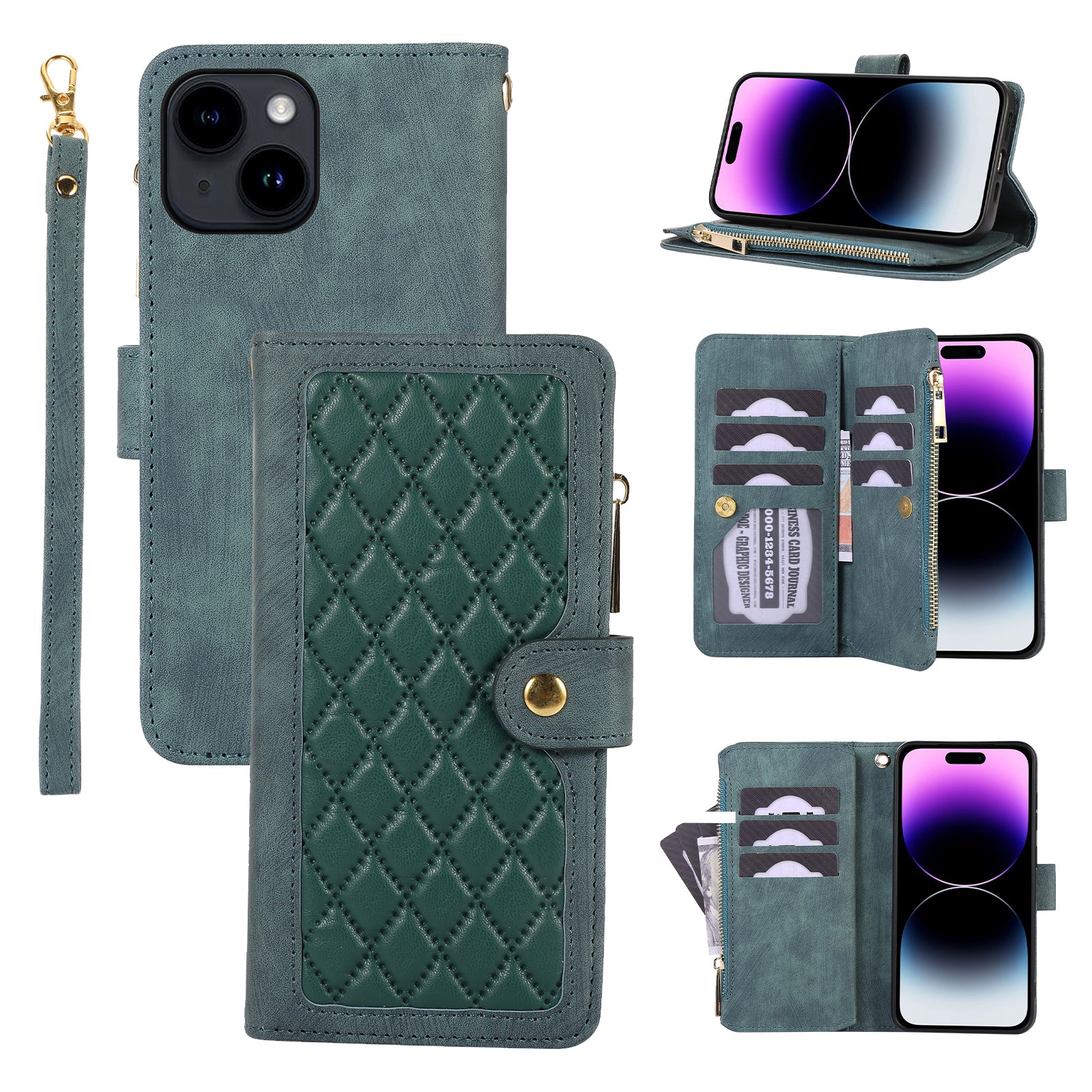 Til iPhone 15 Plus splejsningsstil PU-læderetui Lynlåslomme Rhombus telefoncover med flere kortpladser Til iPhone 15 Plus splejsningsstil PU-læderetui Lynlåslomme Rhombus telefoncover med flere kortpladser